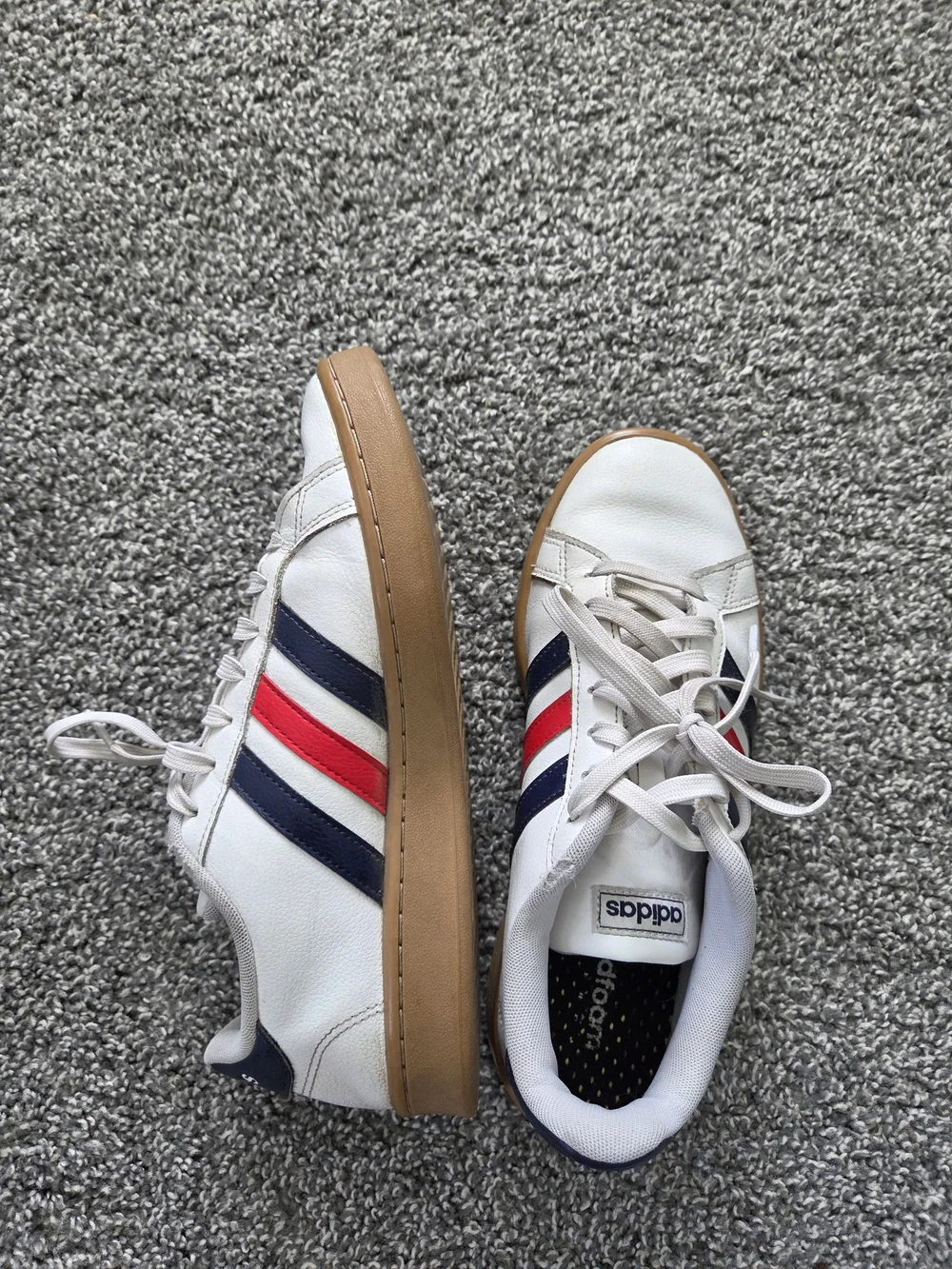 adidas White Leather Sneakers with Navy & Red Stripes